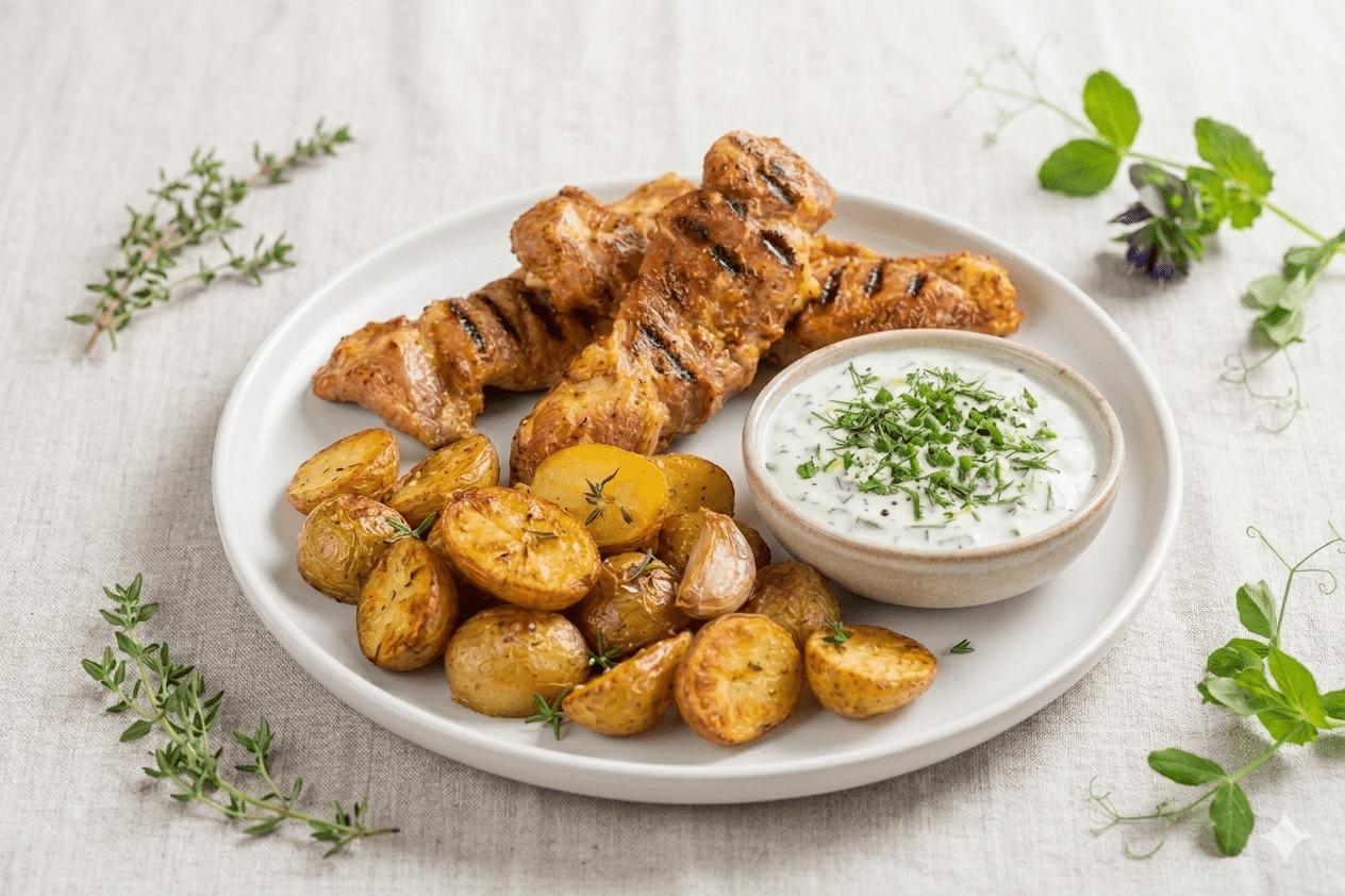 Araignée de porc marinée à la moutarde, pommes grenailles rôties & sauce yaourt aux herbes